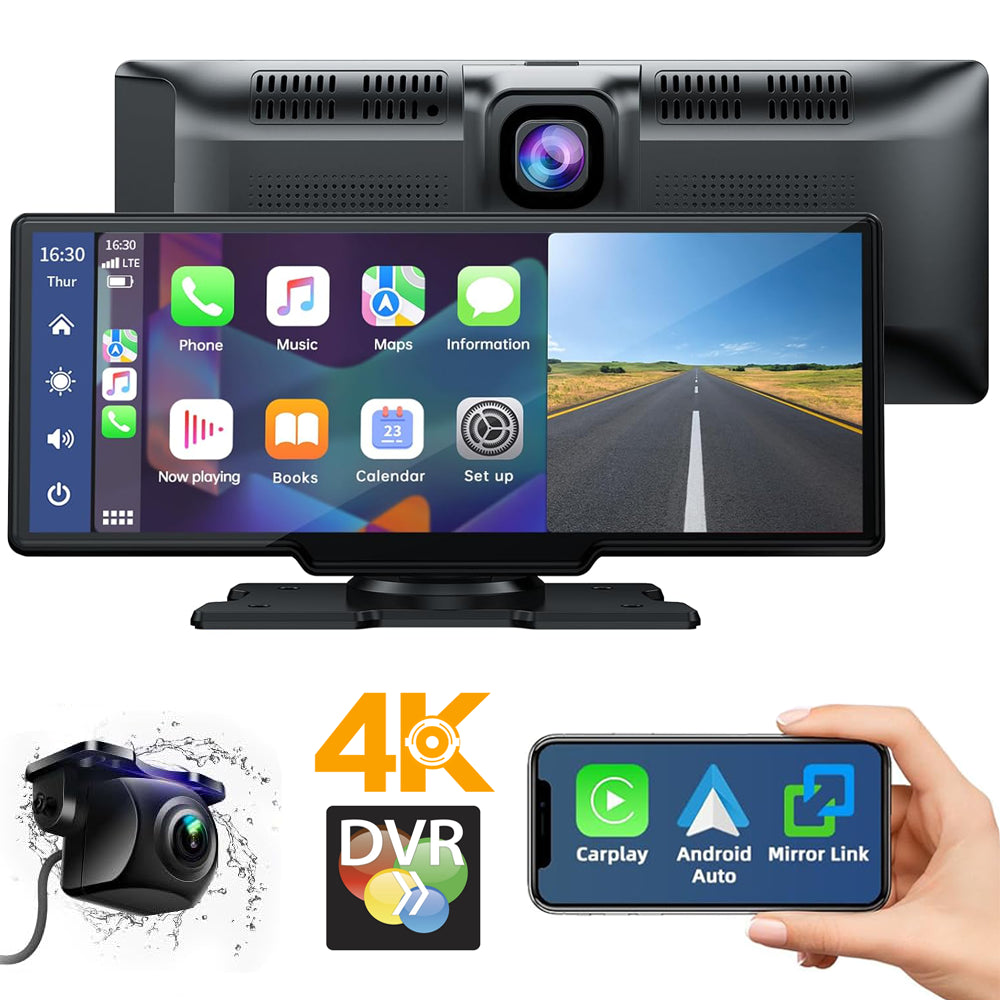 10.26" Front 4K Dash CAM Car Portable Wireless Apple Carplay BT 5.0 Dual Record