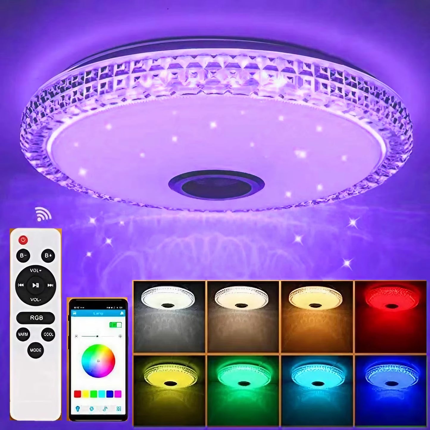 300W Smart Lamp Ceiling RGB LED Lights Dimmable APP Control Bluetooth Speaker Home Bedroom Living Room Ambient Light