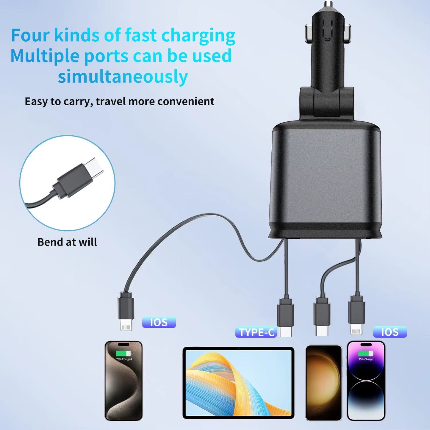 Retractable Car Charger Auto Roof Starlight Fast Charger Adapter 4In1 Fast Charging Car Phone Charger for Iphone Huawei Samsung