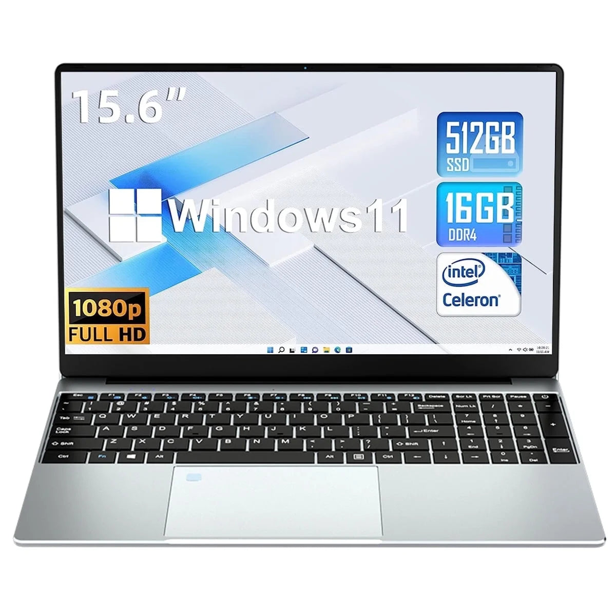 15.6" 1080P Fhd Laptop, Intel Celeron N5095, 16GB RAM 512GB SSD, Backlit Keyboard Silver