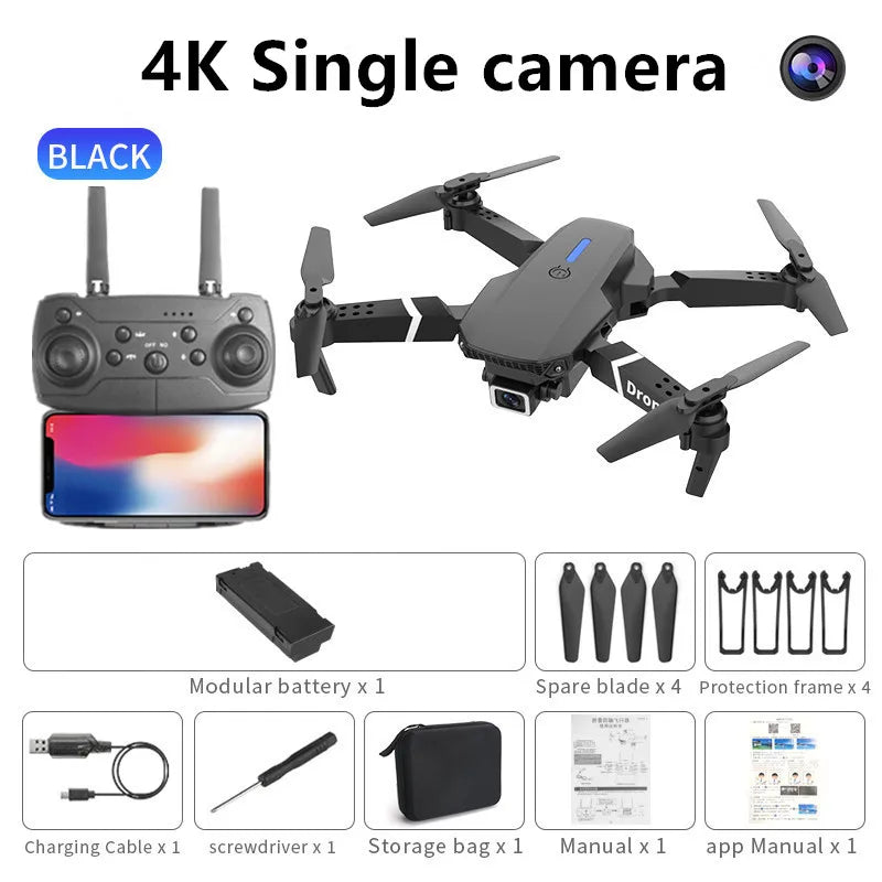 Professional Drone E88 4K Wide-Angle HD Camera Wifi Fpv Height Hold Foldable RC Quadrotor Helicopter Camera-Free Children'S Toys