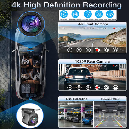 10.26" Front 4K Dash CAM Car Portable Wireless Apple Carplay BT 5.0 Dual Record