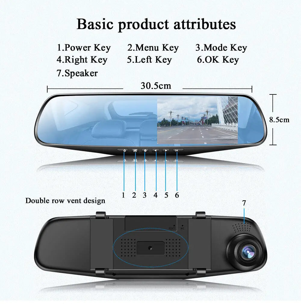 Rear View Mirror Dash Camera Dual Lens Car DVR Wide Angle Dual Lens Dash Camera Night Camera Recorder 4.3"