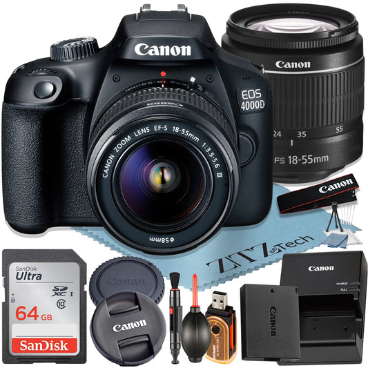 Canon EOS 4000D / Rebel T100 DSLR Camera + EF-S 18-55Mm Lens + Sandisk 64GB Memory Card +  Bundle